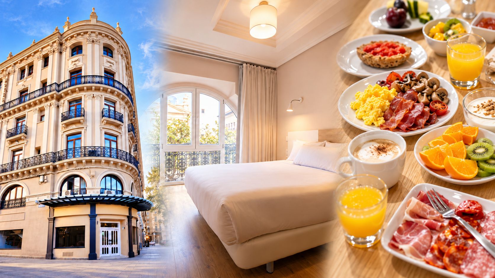 Fachada, habitación y desayuno del Hotel Pilar Plaza